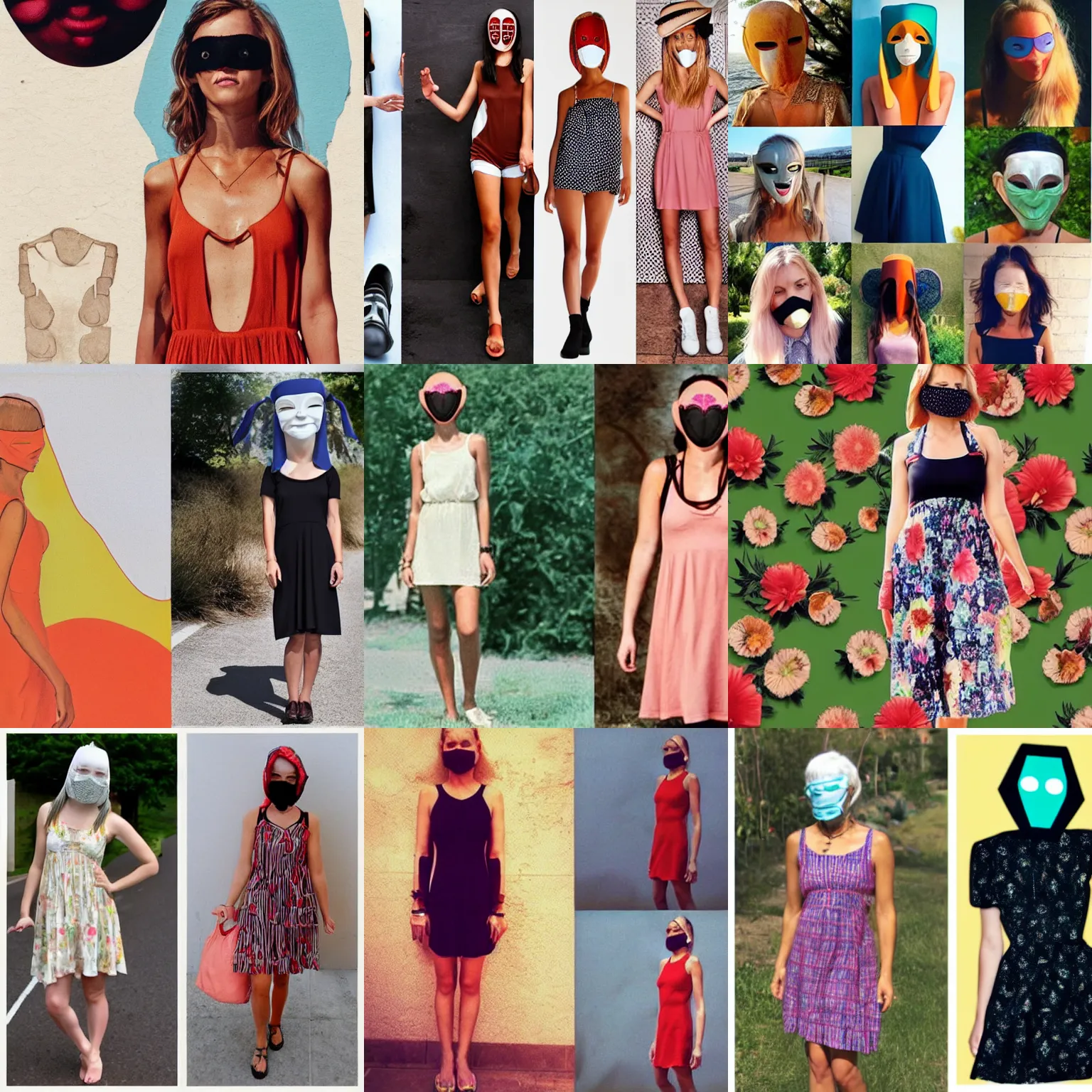 Prompt: a collage age women. wearing cult mask. skinny. sun dress.