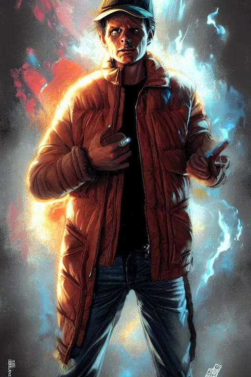 Image similar to character art by bastien lecouffe - deharme, marty mcfly from back to the future 2 ( 1 9 8 5 ), absolute chad