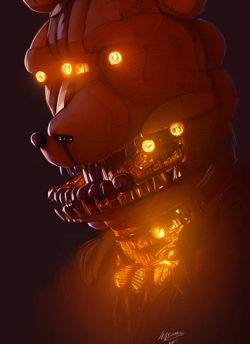 Image similar to portrait of freddy fazbear, intricate, elegant, glowing lights, highly detailed, digital painting, artstation, concept art, sharp focus, illustration, art by wlop, mars ravelo and greg rutkowski