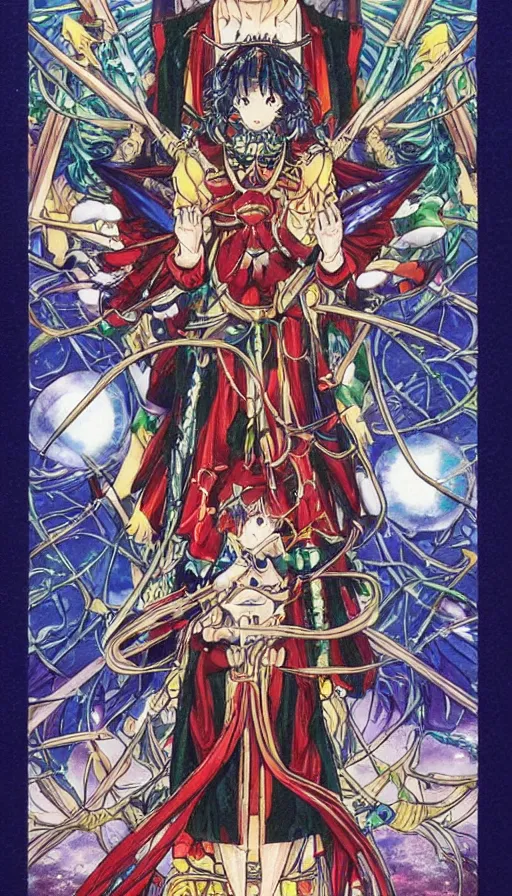 Image similar to anime tarot card based on the card Judgement, drawn by hideaki anno, beautiful lines, cosmic, psychedelic, detailed