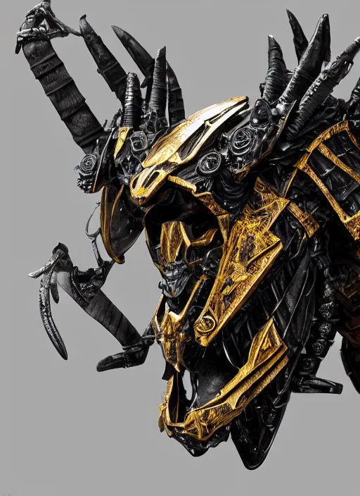 Image similar to hyper realistic glorious ancient wargreymon in a obsidian metal armor, futuristic design, designed by makoto kobayashi and luca zampriolo, portrait, cyberpunk style, wood and gold details, intricate, extremely detailed, ornate, deep of field, hard surface, exoskeleton, substance designer metal unreal engine, symmetrically, very detailed.