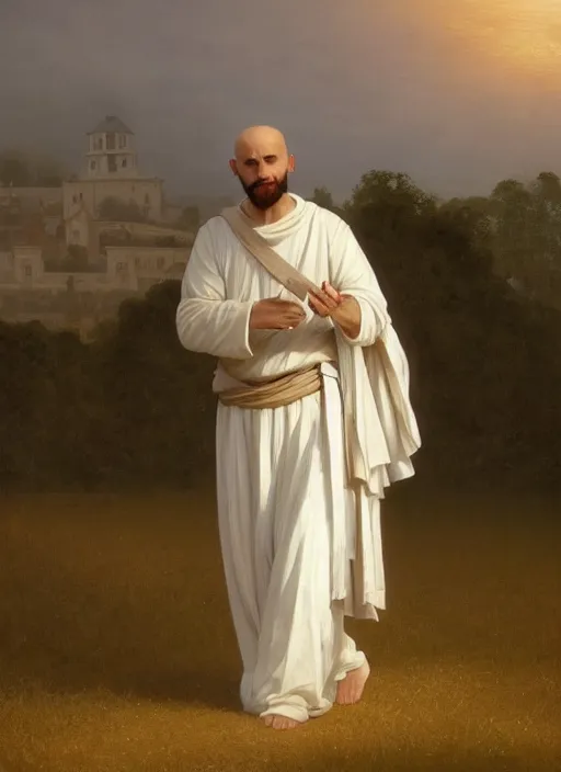 Prompt: oil painting portrait of a tonsured dominican monk in a white habit, striding dancing through a flourishing garden at sunset with a monastery in the background, hazy, digital art, chiaroscuro, artstation, cinematic, golden hour, digital art painting by greg rutkowski, william - adolphe bouguereau, hazy atmosphere, flowers, cinematic lighting