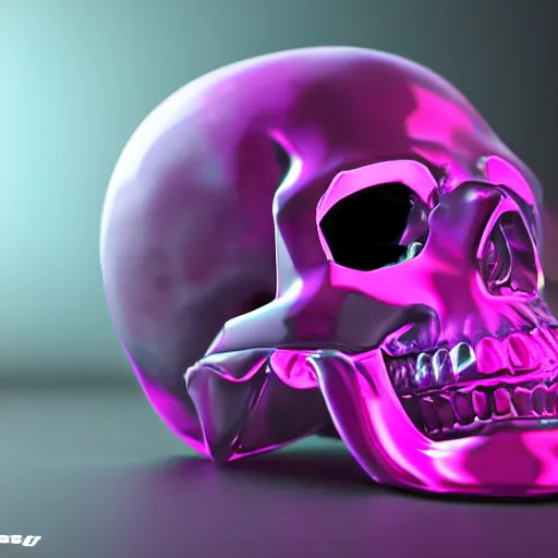 Image similar to octane render of hexagonal crystal skull, fuschia lighting, fuschia glow, dark background, photorealistic, 4 k, cinema 4 d, maya