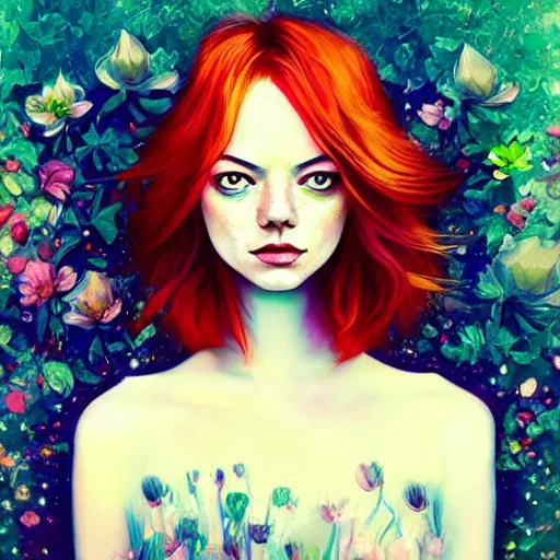 Image similar to aesthetic! angelic! redhead emma stone portrait by Anna Dittmann and Harumi Hironaka and Filip Hodas, flowers, magical, artsy, impressionism