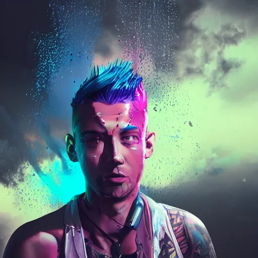 Image similar to splashes of neon clouds, mowhawk, suspenders, punk portrait made out of paint with rain in the background, trending on artstation, epic composition, emotional, beautiful, rendered in octane, highly detailed, realistic, comic book art, sharp focus, matte painting, unreal engine