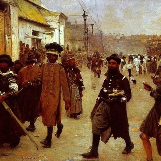 Prompt: Colonial officers walking through Lagos, 1885, bright, highly detailed, oil on canvas, by Ilya Repin