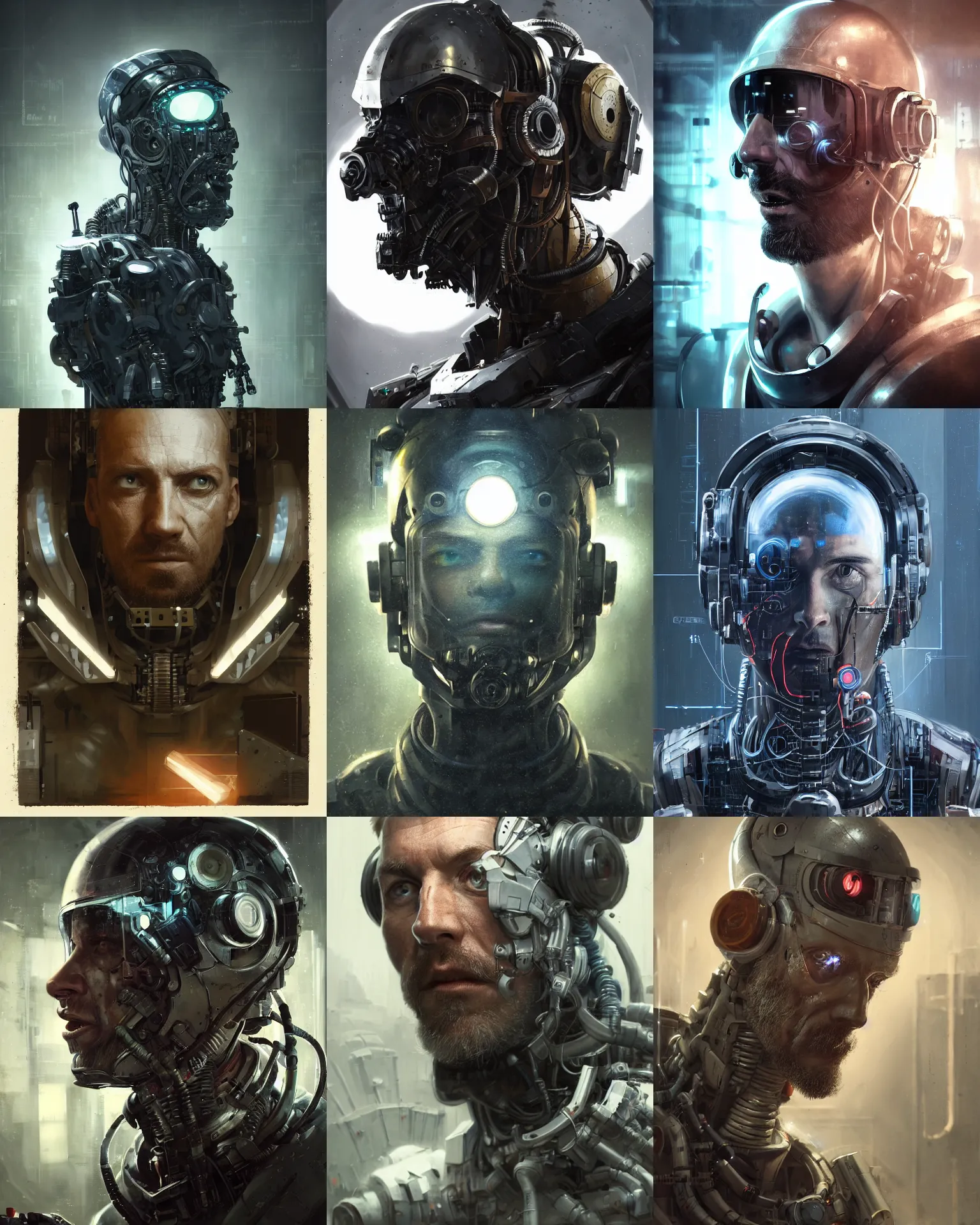 Prompt: a rugged engineer man with cybernetic enhancements working in the laboratory, scifi character portrait by greg rutkowski, esuthio, craig mullins, 1 / 4 headshot, cinematic lighting, dystopian scifi gear, gloomy, profile picture, mechanical, half robot, implants, steampunk
