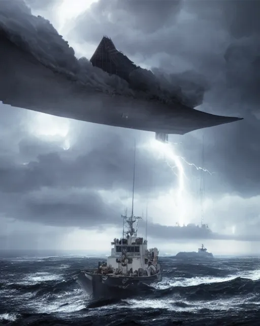 Prompt: establishing shot of a fishing boat on stormy seas, a gigantic star destroyer spaceship in the storm clouds flying overhead, star destroyer spaceship is emerging from storm clouds, stormy weather, dramatic lighting, unreal engine, hyper realism, realistic shading, cinematic composition, realistic render, octane render, detailed textures, photorealistic, ultrawide shot, 16mm lens