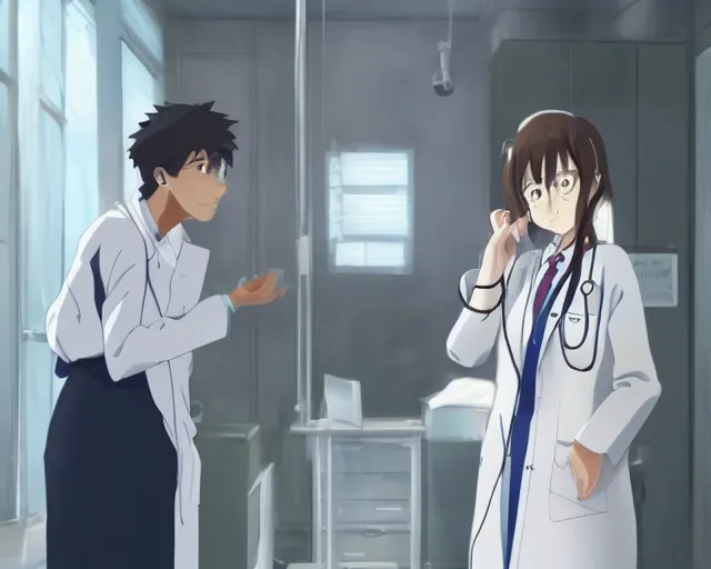 Image similar to a cute and beautiful young female doctor wearing white coat are talking with an old professor in a hospital, slice of life anime, lighting, anime scenery by Makoto shinkai