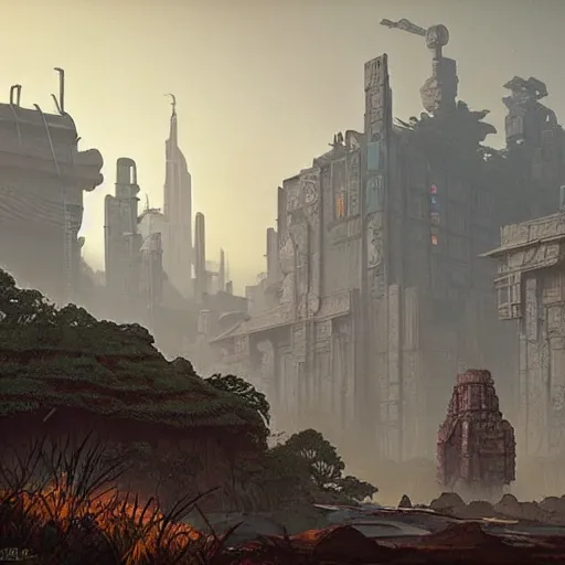 Image similar to mayan cyberpunk city in the center of redwood forest, viewed from a distance, shadow of the colossus screenshot by j. c. leyendecker, simon stalenhag, studio ghibli, and beksinski