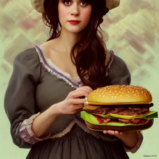 Image similar to portrait of Zooey Deschanel eating hamburgers, extra onions and ketchup, luscious patty with sesame seeds, feminine ethereal, handsome, D&D, fantasy, intricate, elegant, highly detailed, digital painting, artstation, concept art, matte, sharp focus, illustration, art by Artgerm and Greg Rutkowski and Alphonse Mucha