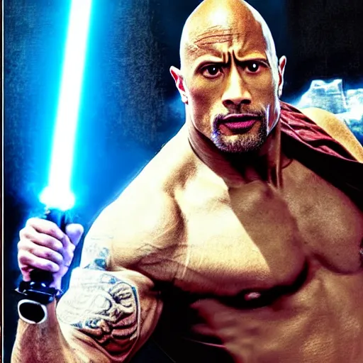 Image similar to Dwayne Johnson in Jedi Robes holding a lightsaber