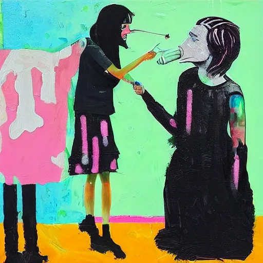 Prompt: “tall queer woman with long pink hair and a tall emo girl feeding Australian $50 notes to a weedy pig, capitalism, acrylic and spray paint and oilstick on canvas, neoexpressionism”