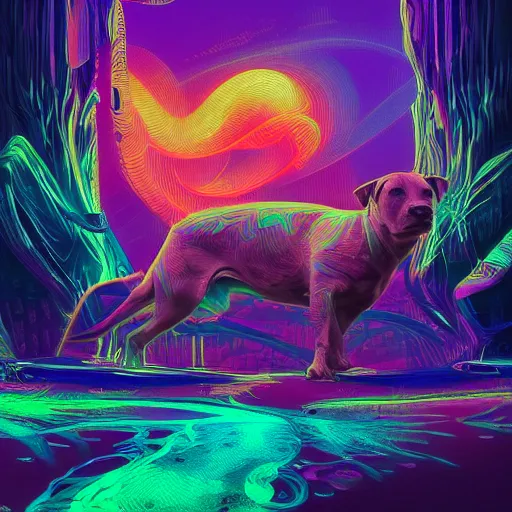 Image similar to psychedelic pit bull magic, at gentle dawn neon light, highly detailed, artistic composition, sharp focus, intricate concept art, digital painting, colorful flat surreal design, hd, 8 k, artstation, ambient lighting