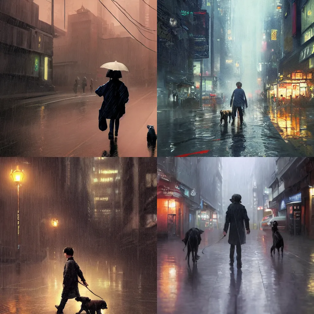 Prompt: a matte spiritual painting of a young boy and his pet dog helping an old woman to cross a busy bladerunner street, moody settings, rainy evening, water reflection on the floor, Ray tracing, detailed render . digital painting by Greg Rutkowski and James Gurney, trending on Artstation, highly detailed