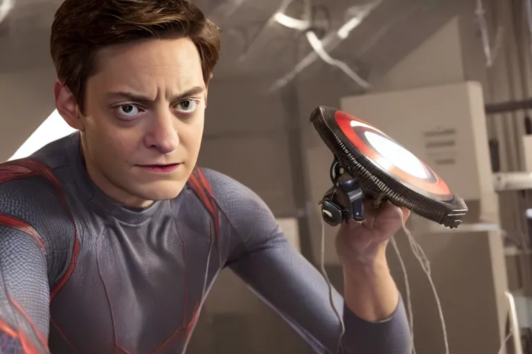 Image similar to Marvel Raimiverse Peter Parker played by Tobey Maguire working at a laboratory ultra realistic, 4K, movie still, UHD, sharp, detailed, cinematic