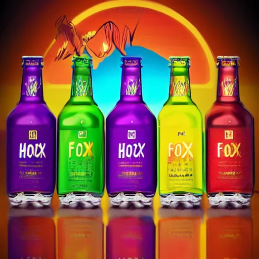 Prompt: hooch alcohol, cider, packaging design, playful, bold colours, glass bottle, label design, behance, packaging of the world, fox icon