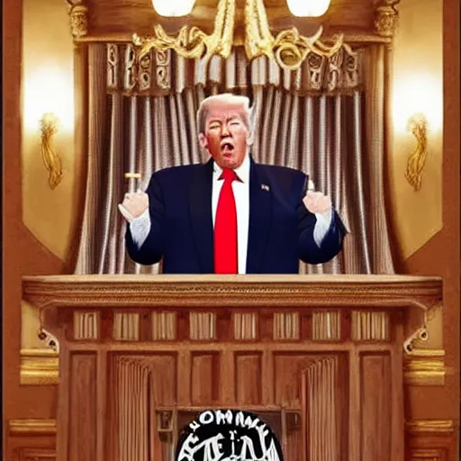 Prompt: trump as professor dumbledore giving a speech in the dining room in hogwarts, detailed, intricate, digital art