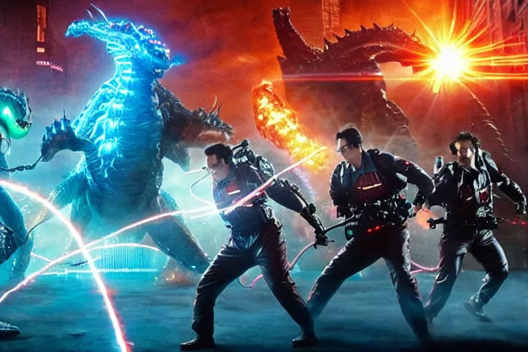 Prompt: film still of the ghostbusters fighting a kaiju in tokyo in the new pacific rim king of the monsters movie