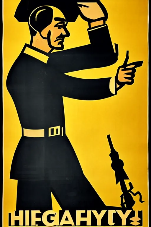 Image similar to fictional propaganda poster showing a man pointing to the left with artillery behind him, highly stylized, high contrast, limited palette, 1 9 2 0 s