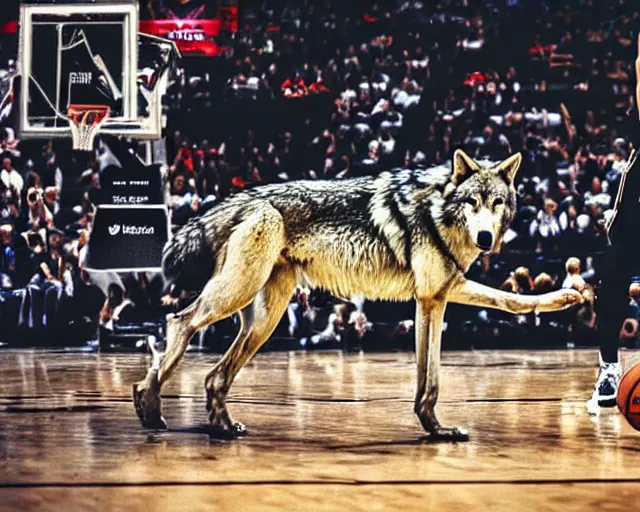 Prompt: wolf playing in nba, realistic photograph, cinematic, award winning photo, 4 k