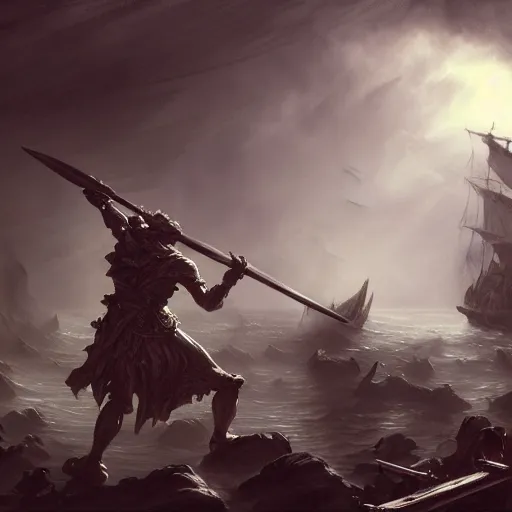 Prompt: D&D fantasy combat fighting blue specters on a shipwreck, intricate, elegant, highly detailed, D&D, digital painting, artstation, concept art, matte painting, sharp focus, illustration, extremely moody lighting, glowing light and shadow, atmospheric, shadowy, cinematic, in the style of Greg Rutkowski and artemisia gentileschi and Alphonse Mucha