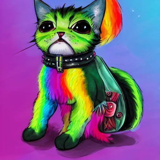 Image similar to wide angle full body, jacket wearing fluffy cute rainbow kitten wearing a black leather motorcycle jacket, concept art