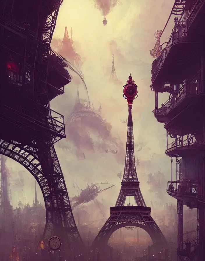 Image similar to a steampunk eiffel tower in heaven, steampunk dirty world, by wlop, greg rutkowski and beeple