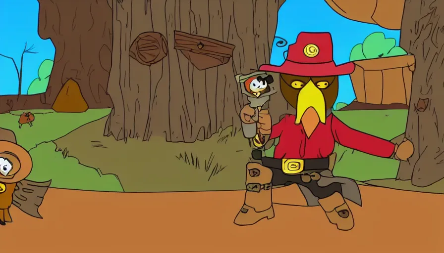 Prompt: 2000s cartoon show screenshot about a gunslinging owl from the wild west, wearing a cowboy hat an eye mask, standing in an old west town the animated show, in the style of cowboys of moo mesa
