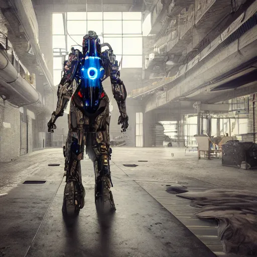 Prompt: Full lenght view contamporary art photography of ultra mega super hyper realistic detailed warmachine by Hiromasa Ogura . Photo on Leica Q2 Camera, Rendered in VRAY and DaVinci Resolve and MAXWELL and LUMION 3D, Volumetric natural light. Wearing cyberpunk suit with many details by Hiromasa Ogura .Rendered in VRAY and DaVinci Resolve and MAXWELL and LUMION 3D, Volumetric natural light