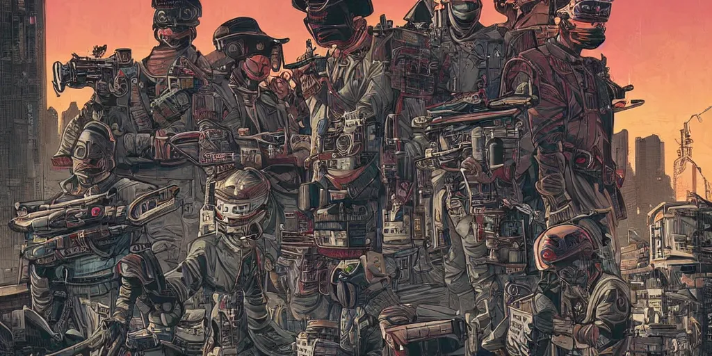 Image similar to keystone cops vs. Cyberpunk Ninjas. Epic painting by James Gurney and Laurie Greasley.