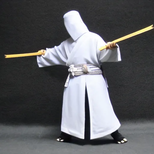 Prompt: samurai cloaked in white with swords,