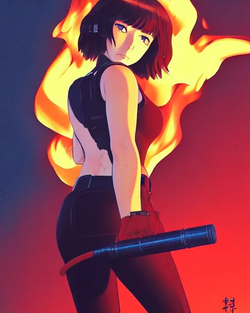 Prompt: female fireman, roaring flames in background!! | | very very anime!!!, beautiful fine - face, audrey plaza, realistic shaded perfect face, fine details. anime. realistic shaded lighting poster by ilya kuvshinov katsuhiro otomo ghost in the shell, magali villeneuve, artgerm, jeremy lipkin and michael garmash and rob rey