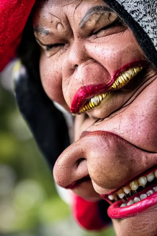 Image similar to real life big mom, pulitzer award, big close up, captured by nikon d 8 5 0, 4 k, body features, face features, bokeh, anatomy features, object features, by daniel berehulak and adnan abidi and preston gannaway