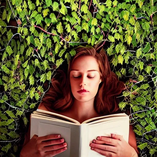 Image similar to “ very photorealistic photo of vines growing out of a woman ’ s book as she sleeps, award - winning details ”