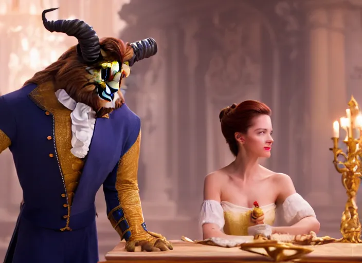 Image similar to film still of Lumiere as an office manager watching over the staff in the new Beauty and the beast movie, 4k