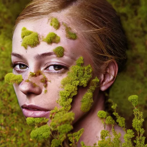 Image similar to beautiful portrait of a woman\'s face, her skin covered in moss and flowers, golden sunlight, extremely detailed, hyperrealistic, photo by annie leibovitz, masterpiece, award-winning