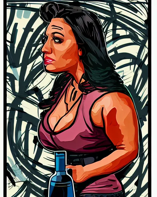 Prompt: upper body portrait of a > > > gorgeous < < < woman, bbw, muscular, wearing vest and miniskirt. pop art, art nouveau. in the style of gta, dan mumford.