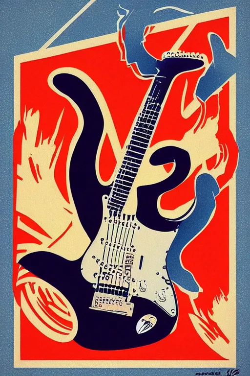 Prompt: “Fender Stratocaster in a Soviet propaganda poster, in the style of Dmitry Moor”