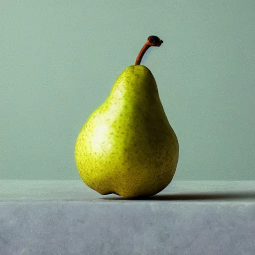 Image similar to a pear sitting on the counter top that is a symbol of capitalism rotting society from the inside out