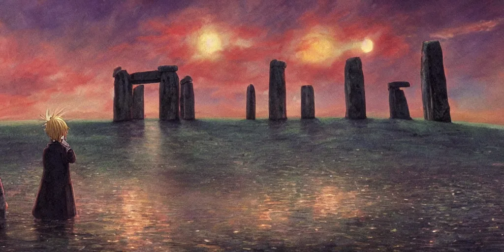 Image similar to a realistic cell - shaded concept art from howl's moving castle ( 2 0 0 4 ) of a multi - colored cube from close encounters of the third kind ( 1 9 7 7 ) over a flooded stonehenge. it is a misty starry night. very dull colors, hd, 4 k, hq