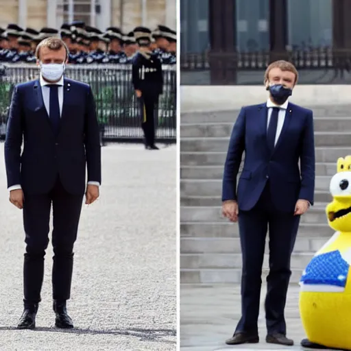 Image similar to French President Emmanuel Macron and Spongebob hanging out together, chilling