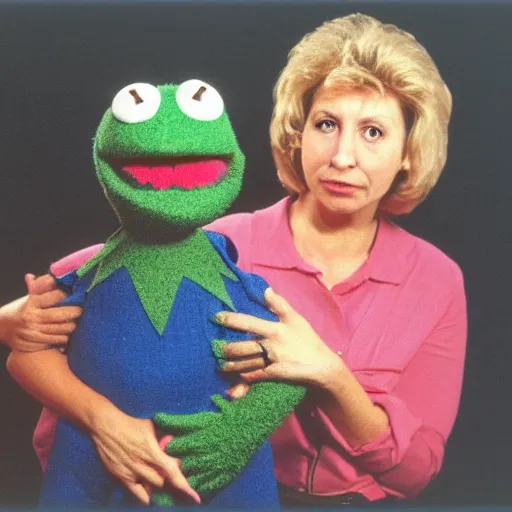 Prompt: photograph of My mom, as a muppet looking, very disappointed in me, as a muppet (1983)