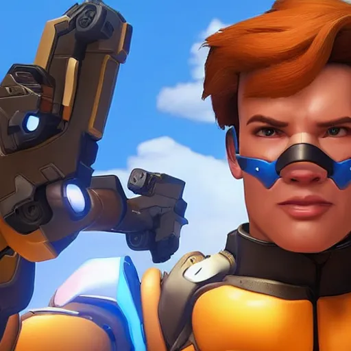 Image similar to a screenshot of arnold schwarzenegger as tracer in overwatch