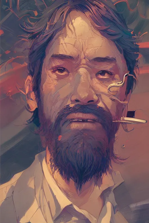 Image similar to portrait of a stoner, tooth wu, dan mumford, beeple, wlop, rossdraws, james jean, marc simonetti, artstation giuseppe dangelico pino and michael garmash and rob rey and greg manchess and huang guangjian and makoto shinkai