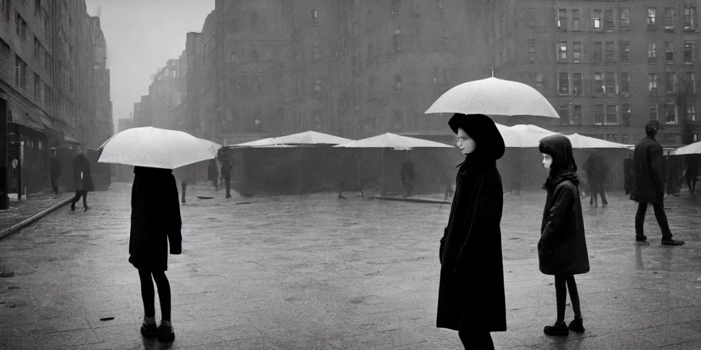 Image similar to medium shot of umbrella stall with sadie sink in hoodie. in ruined square, pedestrians on both sides. cyberpunk tenements in background : grainy b & w 1 6 mm film, still from schindler's list by steven spielberg. cinematic atmosphere, sharp face, perfect anatomy