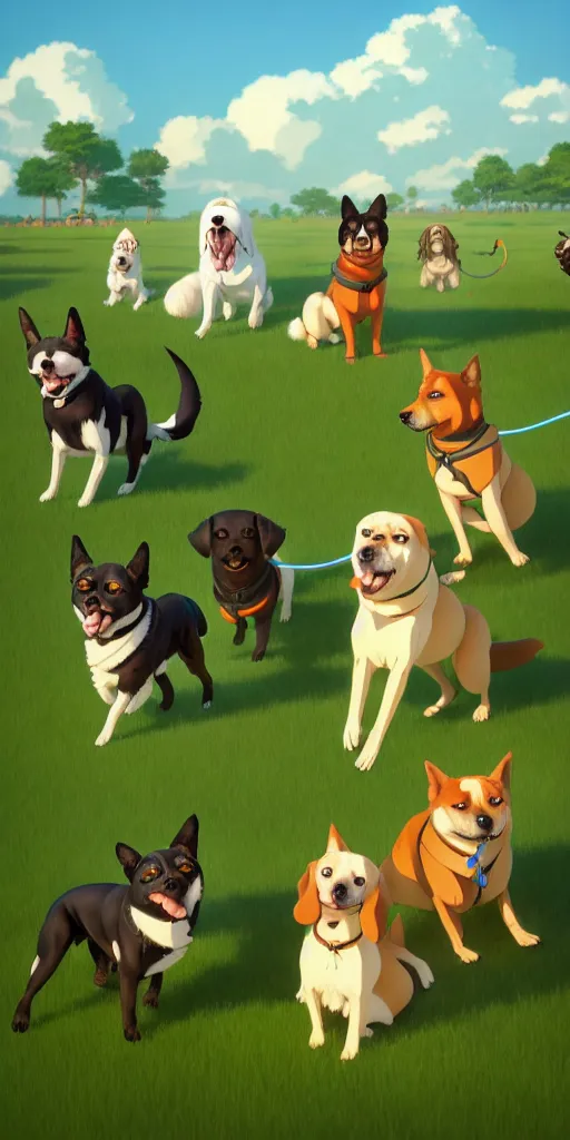 Image similar to a group of dogs playing in a field, studio ghibli style lighting, highly detailed, trending on artstation.