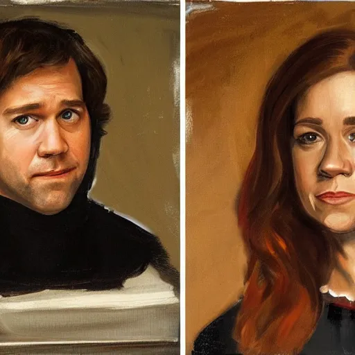 Prompt: portrait painting of jim halpert and pam beesly, in the style of caravaggio