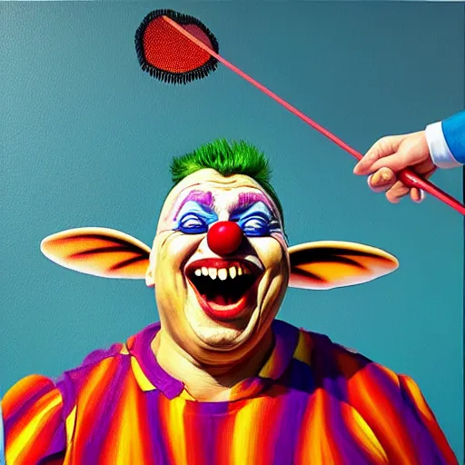 Image similar to hyperrealism painting from the housefly perspective getting swatted at from an angry and sick clown man with a fly swatter in the kitchen