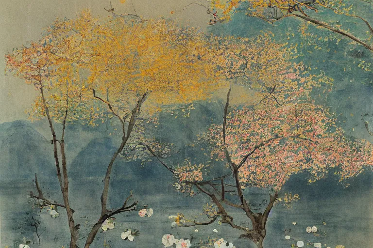 Image similar to an ultradetailed landscape painting of westlake in china hangzhou, light yellow may flowers blossoms nearby, autumn wind, chinese water color, smooth, sharp focus, illustration, by hilma af klint